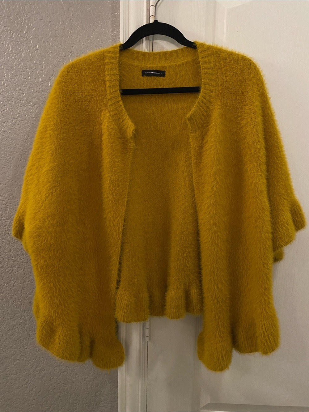 Anthropologie Marigold Yellow Fuzzy Ruffled Open Front Kimono Cardigan Sweater
